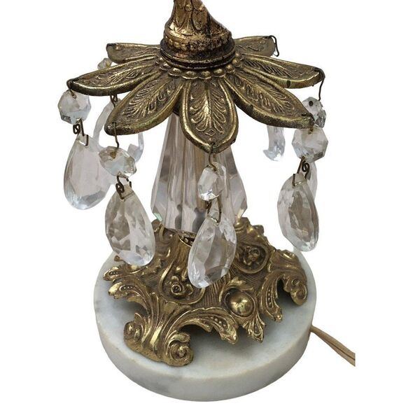 Vintage Bohemian Crystal Glass Brass Marble Table Lamp - Picture 3 of 5